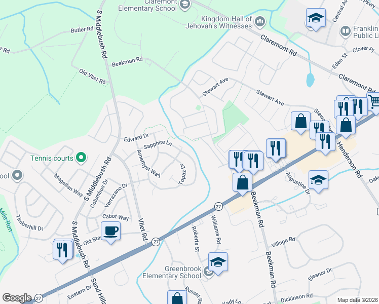 map of restaurants, bars, coffee shops, grocery stores, and more near 159 Sapphire Lane in Franklin Township