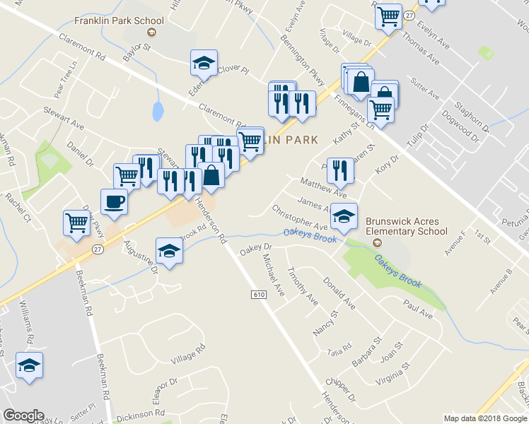 map of restaurants, bars, coffee shops, grocery stores, and more near Jacques Avenue in South Brunswick Township