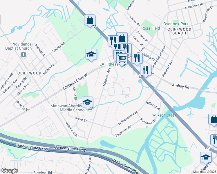 map of restaurants, bars, coffee shops, grocery stores, and more near 402 Matawan Avenue in Cliffwood