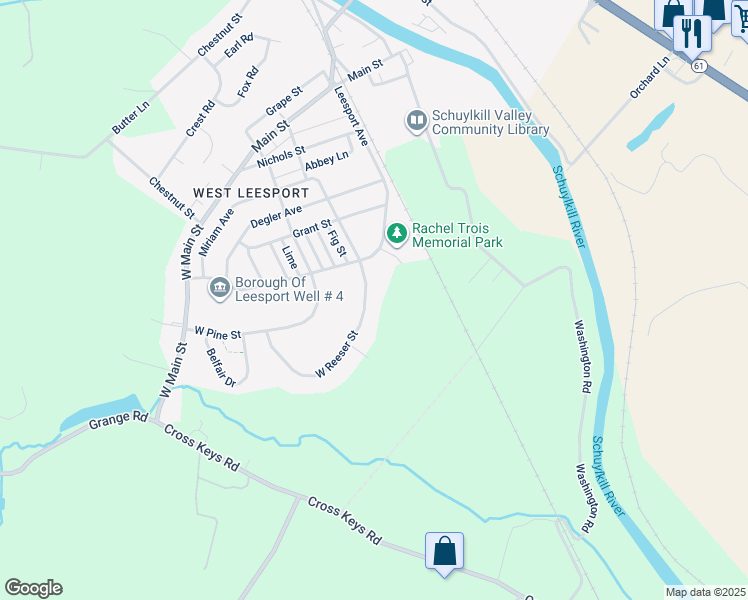 map of restaurants, bars, coffee shops, grocery stores, and more near 511 West Reeser Street in Leesport