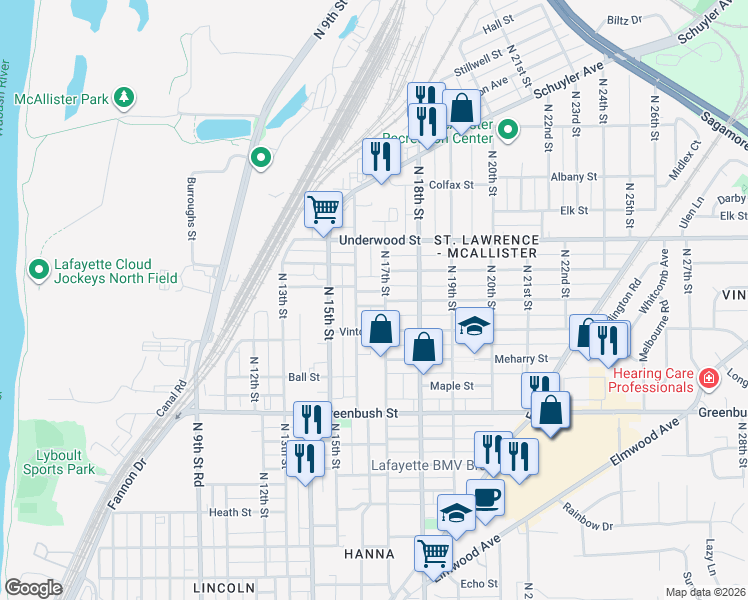 map of restaurants, bars, coffee shops, grocery stores, and more near 1821 North 16th Street in Lafayette