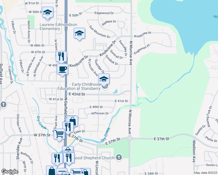 map of restaurants, bars, coffee shops, grocery stores, and more near 407 East 42nd Street in Loveland