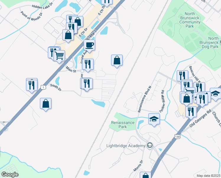 map of restaurants, bars, coffee shops, grocery stores, and more near 66 Bond Street in North Brunswick Township