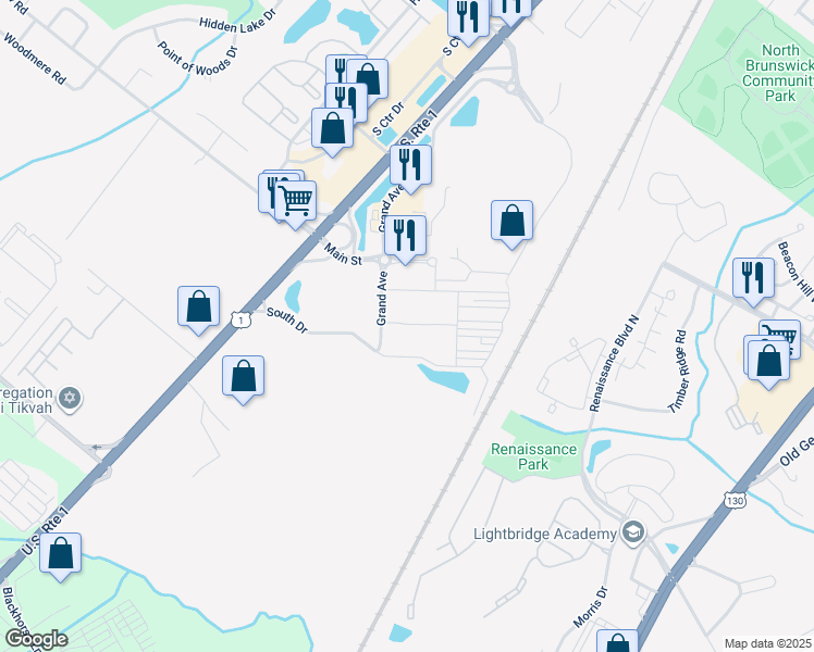 map of restaurants, bars, coffee shops, grocery stores, and more near 101 Grand Avenue in North Brunswick Township