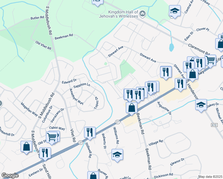 map of restaurants, bars, coffee shops, grocery stores, and more near 99 Rachel Court in Franklin Township