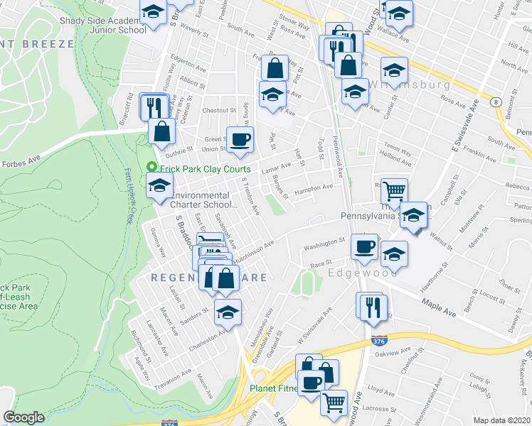 map of restaurants, bars, coffee shops, grocery stores, and more near 1021 South Trenton Avenue in Pittsburgh