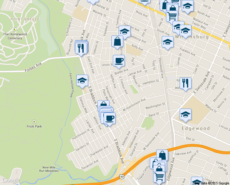 map of restaurants, bars, coffee shops, grocery stores, and more near 935 Savannah Avenue in Pittsburgh