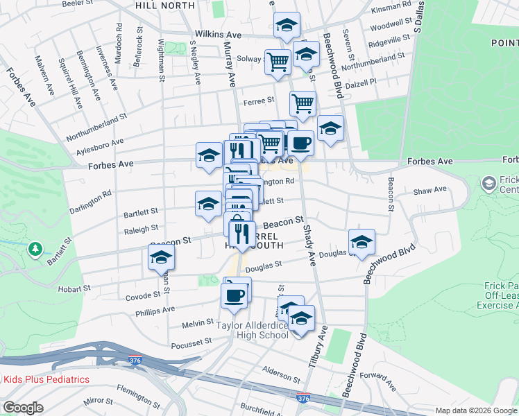 map of restaurants, bars, coffee shops, grocery stores, and more near 5837 Beacon Street in Pittsburgh