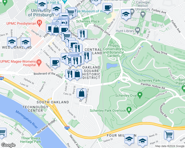 map of restaurants, bars, coffee shops, grocery stores, and more near in Pittsburgh