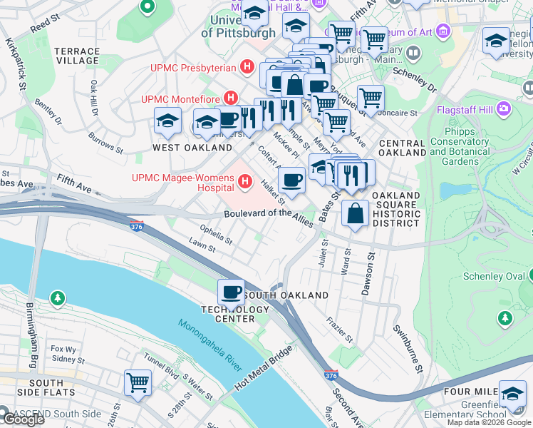 map of restaurants, bars, coffee shops, grocery stores, and more near 3330 Niagara Street in Pittsburgh