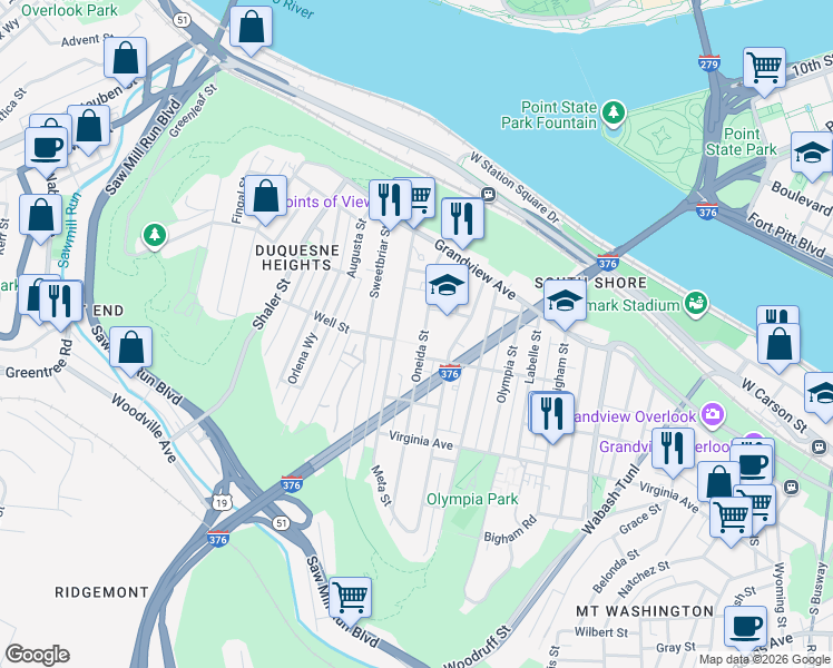 map of restaurants, bars, coffee shops, grocery stores, and more near 202 Oneida Street in Pittsburgh