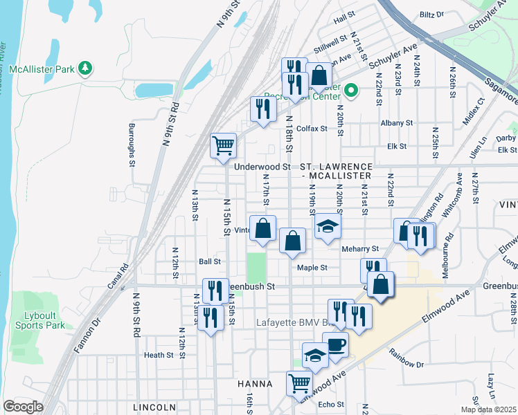 map of restaurants, bars, coffee shops, grocery stores, and more near 1821 North 16th Street in Lafayette