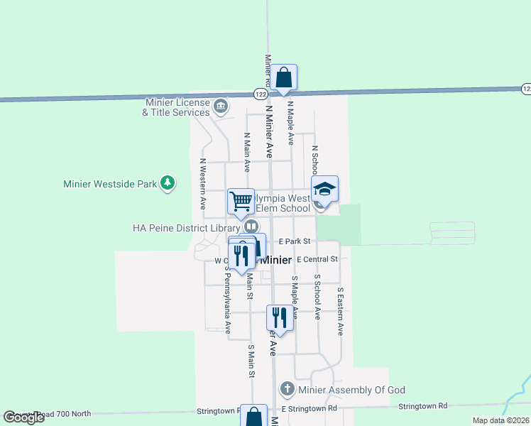 map of restaurants, bars, coffee shops, grocery stores, and more near 100-196 West Peoria Street in Minier