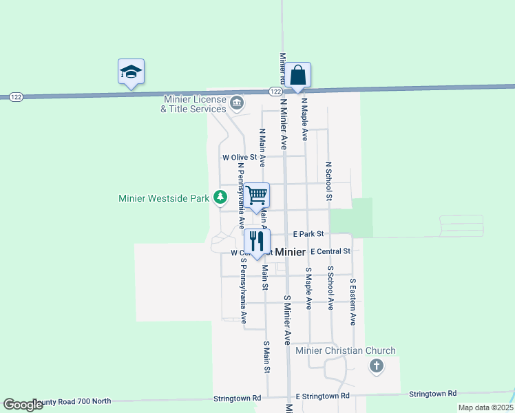 map of restaurants, bars, coffee shops, grocery stores, and more near 100-196 West Peoria Street in Minier