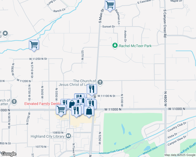 map of restaurants, bars, coffee shops, grocery stores, and more near 5246 West 11200 North in Highland