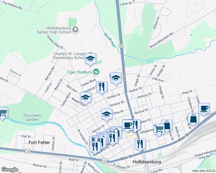 map of restaurants, bars, coffee shops, grocery stores, and more near 1000 Hewit Street in Hollidaysburg