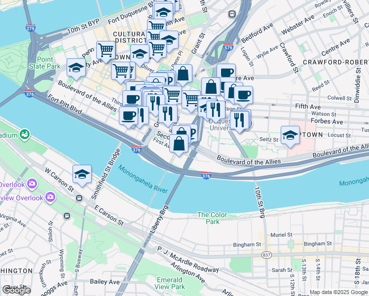 map of restaurants, bars, coffee shops, grocery stores, and more near 620 Second Avenue in Pittsburgh