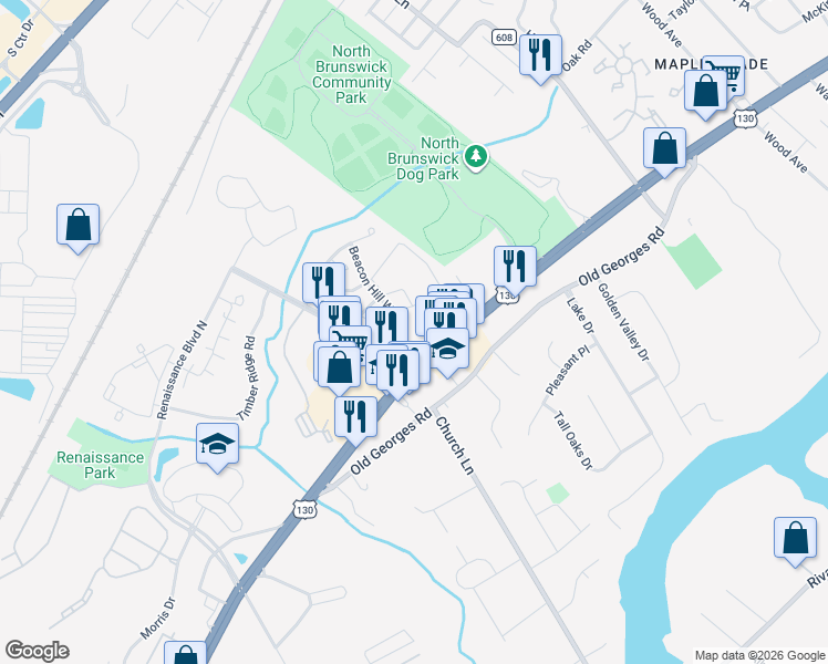 map of restaurants, bars, coffee shops, grocery stores, and more near 112 Copeley Way in North Brunswick Township