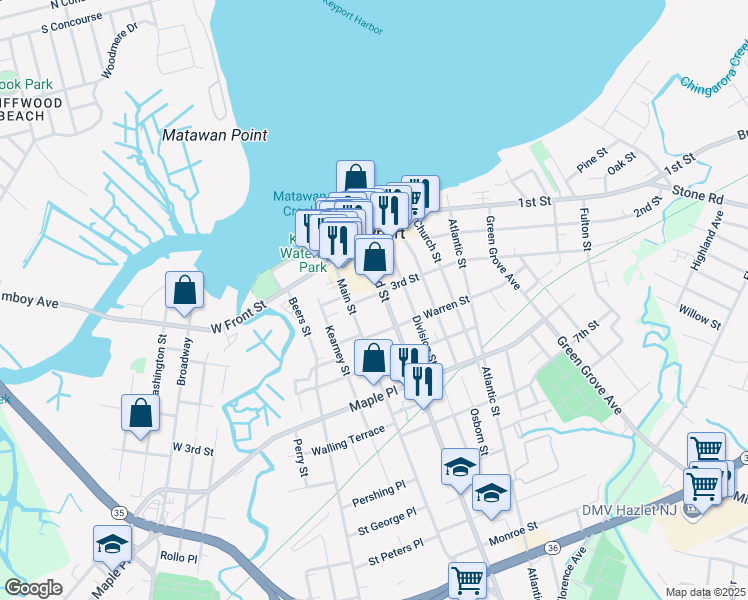 map of restaurants, bars, coffee shops, grocery stores, and more near 13 West 3rd Street in Keyport