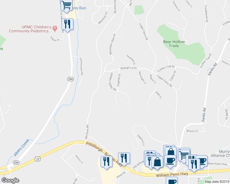 map of restaurants, bars, coffee shops, grocery stores, and more near 116 Hidden Valley Road in Monroeville