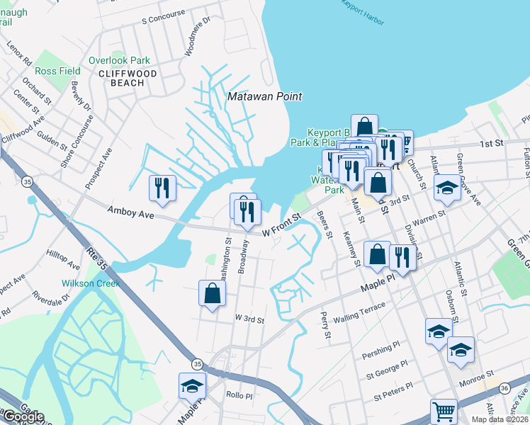 map of restaurants, bars, coffee shops, grocery stores, and more near 165 West Front Street in Keyport