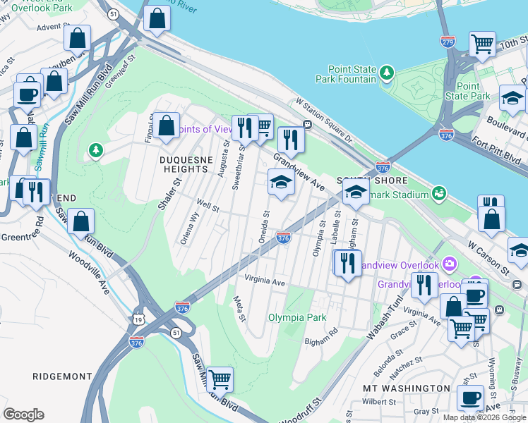 map of restaurants, bars, coffee shops, grocery stores, and more near 202 Oneida Street in Pittsburgh