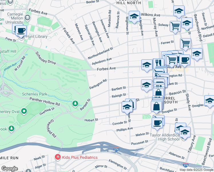 map of restaurants, bars, coffee shops, grocery stores, and more near 1816 Murdoch Street in Pittsburgh