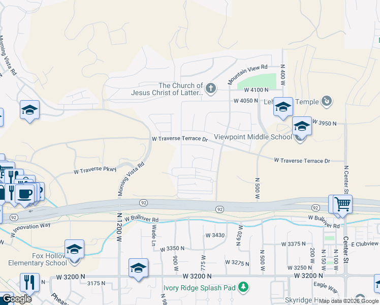 map of restaurants, bars, coffee shops, grocery stores, and more near 3738 North Valley Vista Way in Lehi
