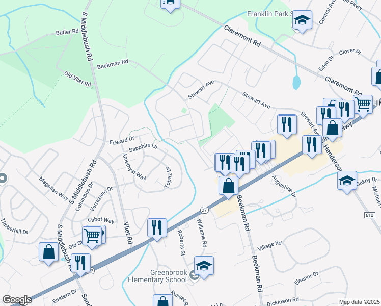 map of restaurants, bars, coffee shops, grocery stores, and more near 159 Sapphire Lane in Franklin Township