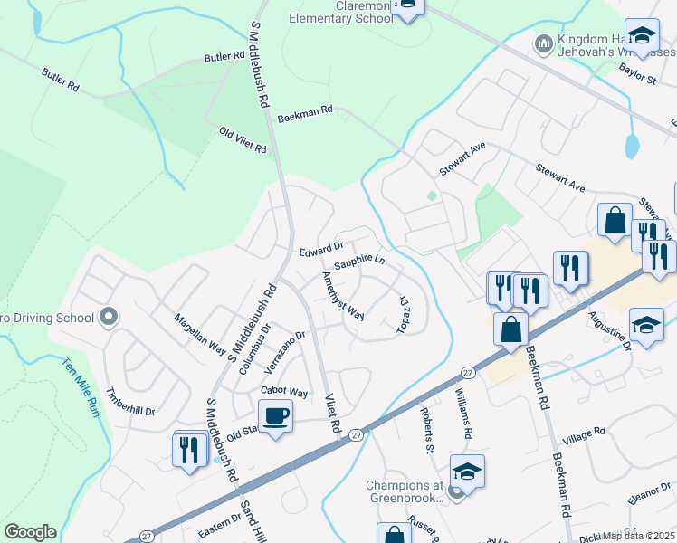 map of restaurants, bars, coffee shops, grocery stores, and more near 3 Jade Court in Franklin Township