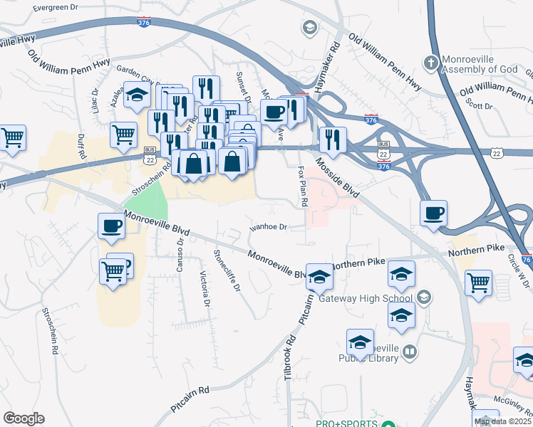 map of restaurants, bars, coffee shops, grocery stores, and more near 4142 Ivanhoe Drive in Monroeville