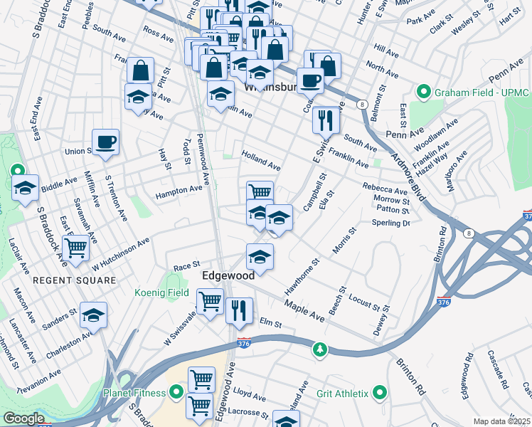 map of restaurants, bars, coffee shops, grocery stores, and more near 323 East Swissvale Avenue in Pittsburgh