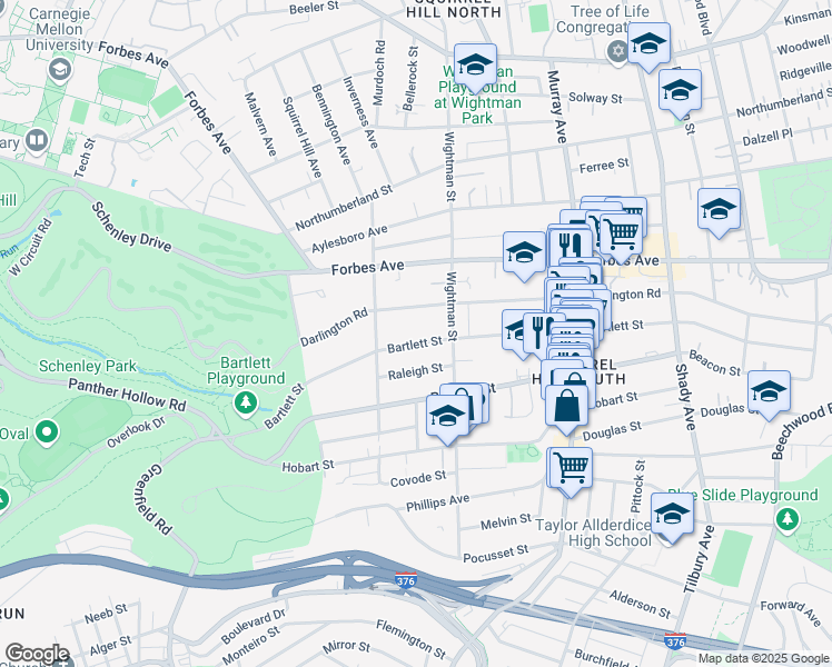map of restaurants, bars, coffee shops, grocery stores, and more near 5546 Bartlett Street in Pittsburgh