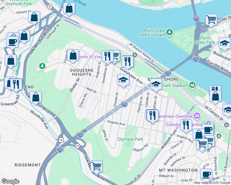 map of restaurants, bars, coffee shops, grocery stores, and more near 202 Oneida Street in Pittsburgh