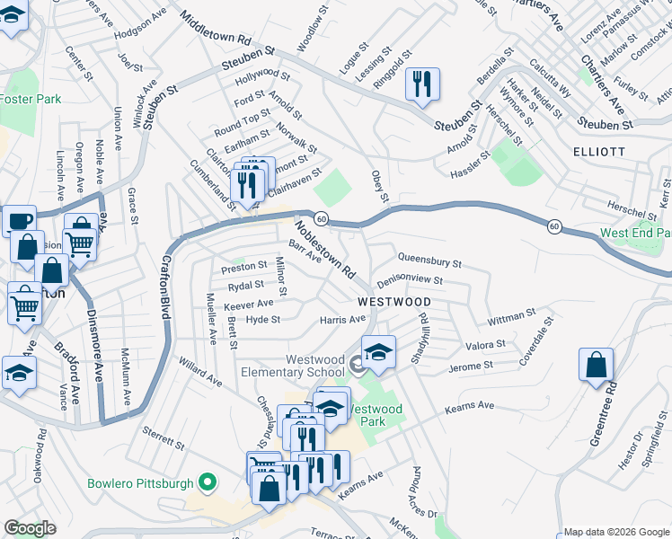 map of restaurants, bars, coffee shops, grocery stores, and more near 102 Dale Street in Pittsburgh