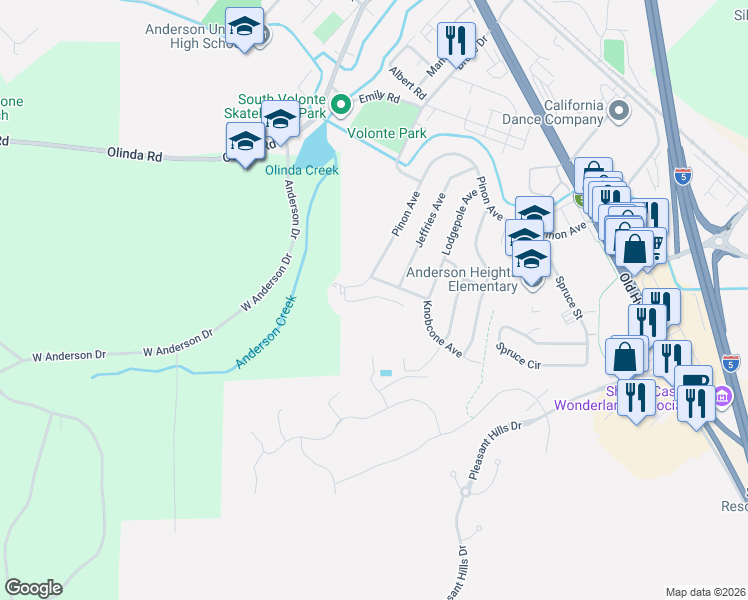 map of restaurants, bars, coffee shops, grocery stores, and more near 2333 Yellow Finch Way in Anderson
