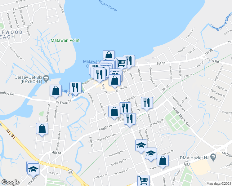 map of restaurants, bars, coffee shops, grocery stores, and more near 65 Main Street in Keyport