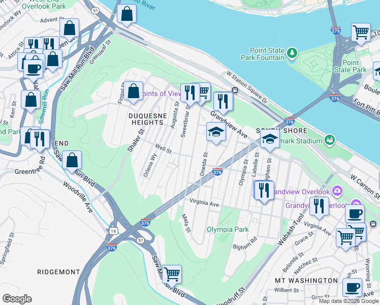 map of restaurants, bars, coffee shops, grocery stores, and more near 409 Sweetbriar Street in Pittsburgh