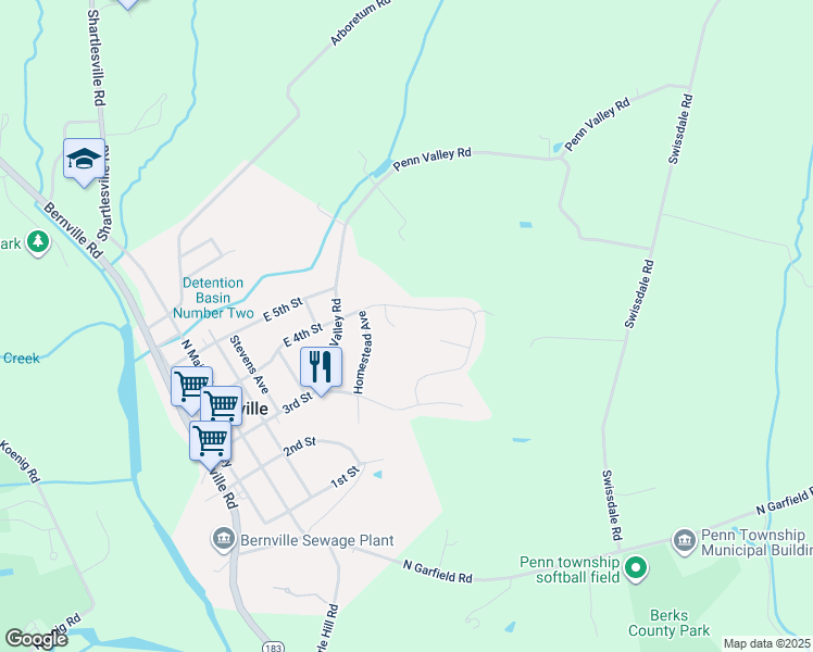 map of restaurants, bars, coffee shops, grocery stores, and more near 18 Albans Court in Bernville