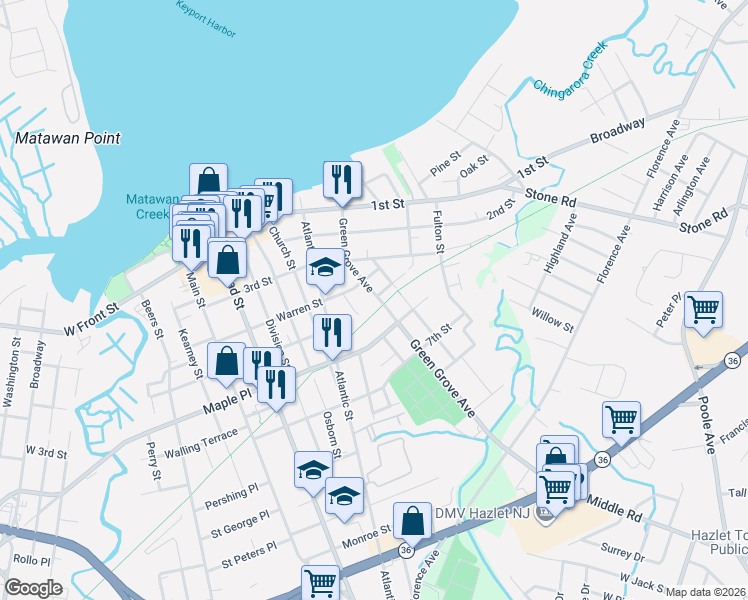 map of restaurants, bars, coffee shops, grocery stores, and more near 36 Green Grove Avenue in Keyport