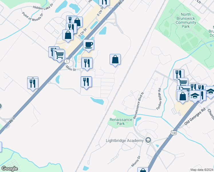 map of restaurants, bars, coffee shops, grocery stores, and more near Cannon Street in North Brunswick Township