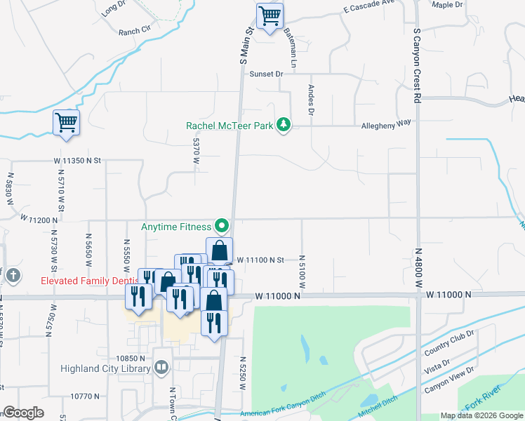 map of restaurants, bars, coffee shops, grocery stores, and more near 5246 West 11200 North in Highland