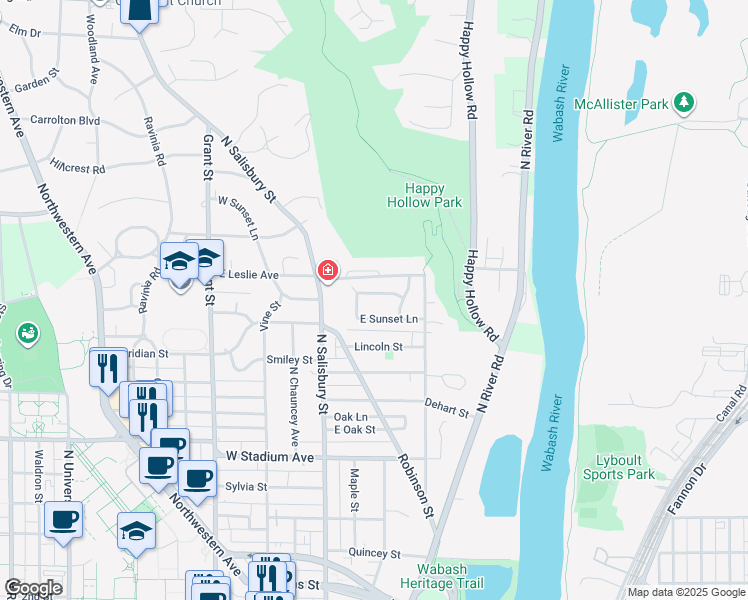 map of restaurants, bars, coffee shops, grocery stores, and more near 1006 Sunset Court in West Lafayette