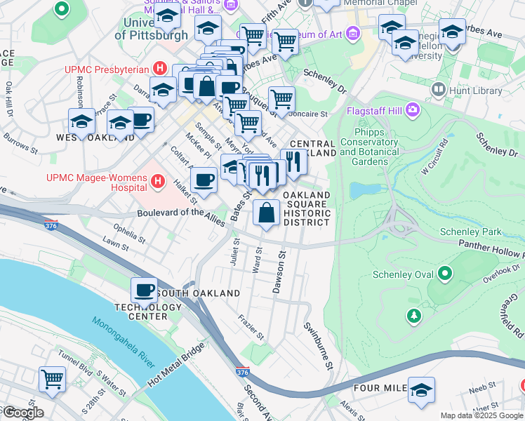 map of restaurants, bars, coffee shops, grocery stores, and more near 3441 Ward Street in Pittsburgh