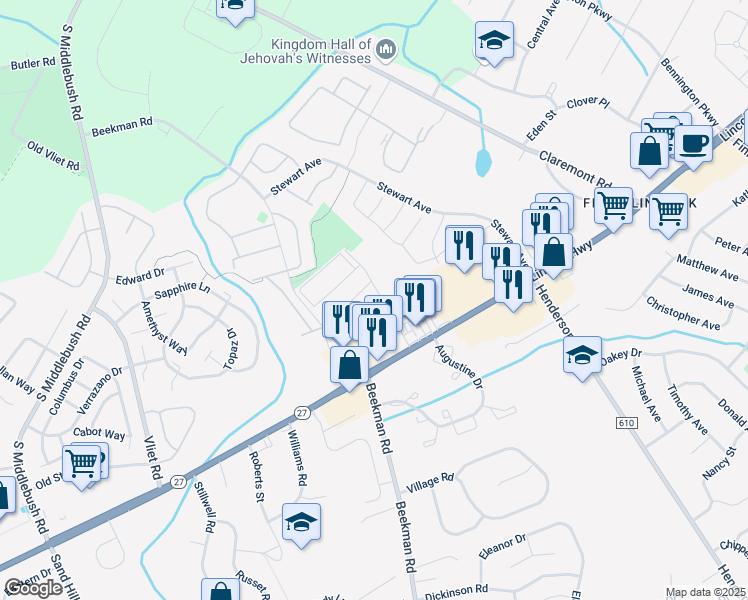 map of restaurants, bars, coffee shops, grocery stores, and more near 5 Delar Parkway in Franklin Township