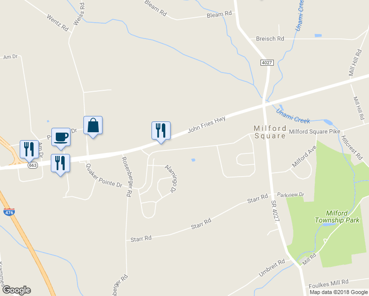 map of restaurants, bars, coffee shops, grocery stores, and more near 2060 Milford Square Pike in Quakertown