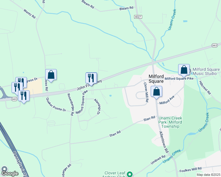 map of restaurants, bars, coffee shops, grocery stores, and more near 2080 Milford Square Pike in Quakertown