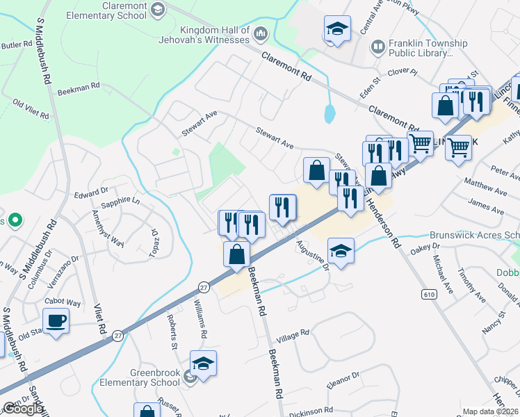 map of restaurants, bars, coffee shops, grocery stores, and more near 2 Decaire Lane in Franklin Township