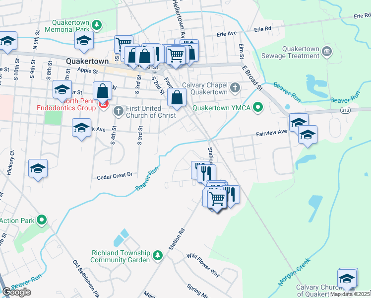 map of restaurants, bars, coffee shops, grocery stores, and more near 48 Beaver Run Drive in Quakertown