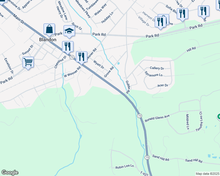 map of restaurants, bars, coffee shops, grocery stores, and more near 642 Main Street in Blandon